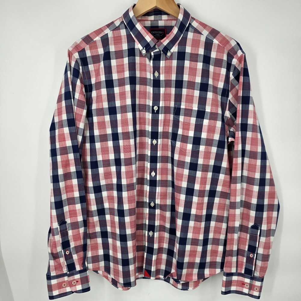 UNTUCKit Redalelli Long Sleeve Button Down Red White Blue Plaid Men's L Slim WF - Picture 2 of 8